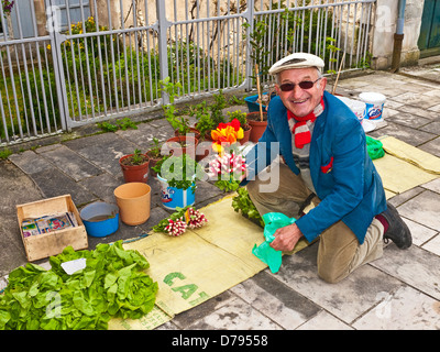 Français vend des fruits et légumes sur la chaussée - France. Banque D'Images