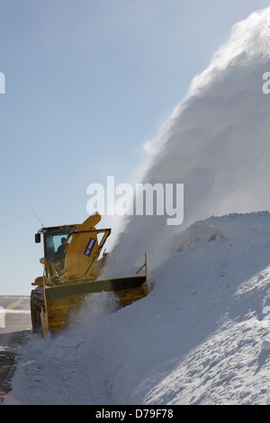 Un chargeur avant avec une pièce jointe de soufflage de la neige La neige soufflée des attaques le long de la route 89, la réserve indienne des Pieds-Noirs, MT. Banque D'Images