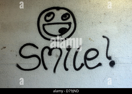 Sourire face graffiti peint sur les murs d'un tunnel pour piétons à Churston, Devon, Angleterre, Mai 2013 Banque D'Images