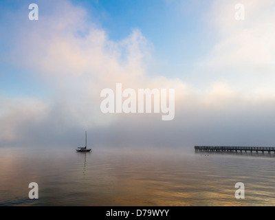 Vashon Island, Washington : voilier amarré à quai et le brouillard de compensation sur le port de tramp Banque D'Images