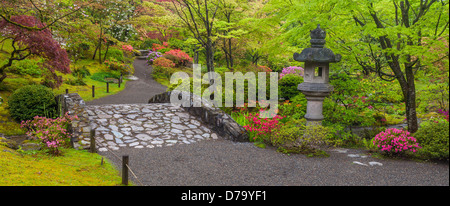 Seattle, WA : pont de pierre et de la lanterne avec les couleurs du printemps dans le Parc Washington jardin japonais de l'Arboretum Banque D'Images