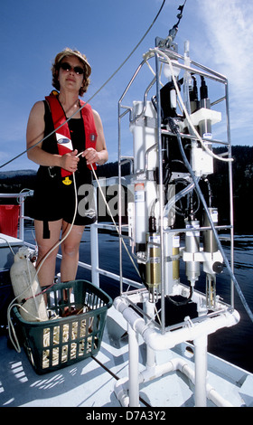 Hydrologique de l'USGS le déploiement d'un technicien de la colonne d'eau multi-paramètres profiler dans Payette lac dans le centre-ouest de l'Idaho. Banque D'Images