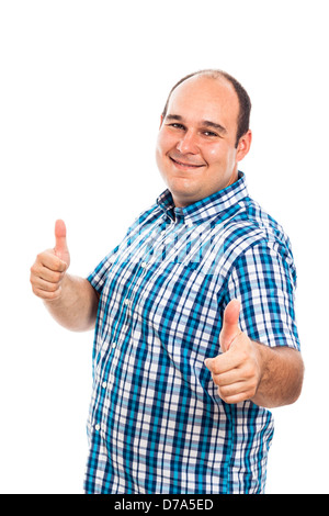 Smiling man gesturing Thumbs up, isolé sur fond blanc Banque D'Images
