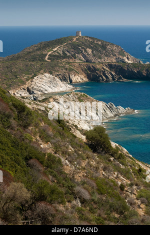 Cap Malfatano et l'Malfatano tour sur la côte sauvage et magnifique de Teulada, province de Cagliari, Sardaigne, Italie Banque D'Images