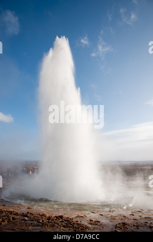 Célèbre geyser Strokkur éclate, l'envoi d'un jet d'eau bouillante en l'air, de l'Islande. Banque D'Images