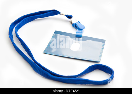 Badge avec ruban bleu isolated on white Banque D'Images