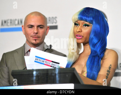 Pitbull et Nicki Minaj 2011 American Music Awards nominés Conférence de presse tenue à l'établissement JW Marriott Los Angeles à Los Angeles. Vivre Los Banque D'Images