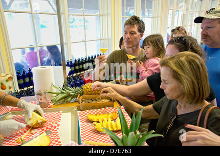 Les visiteurs de la Plantation Dole snack sur des échantillons après avoir vu une présentation sur comment bien découper un ananas. Banque D'Images