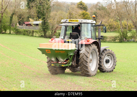 La conduite d'un travailleur agriculteur tracteur big red pour répandre l'engrais chimique sur un champ, près d'Edington, Somerset, Angleterre, Mai 2012 Banque D'Images