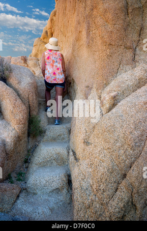 Sentier et marches creusées dans le granit avec randonneur. Joshua Tree National Park, Californie Banque D'Images