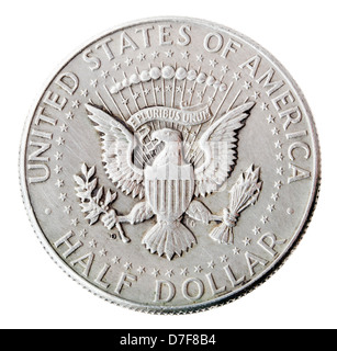 Vue frontale avers (côté face) demi-dollar d'argent frappées en 1964.Nous représenté est sceau présidentiel. Kennedy était demi-dollar Banque D'Images