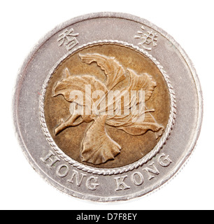 Vue frontale avers (chefs) 10 Hong Kong Dollar coin frappées en 1995. Fleur de Bauhinia est représenté. Isolated on white Banque D'Images