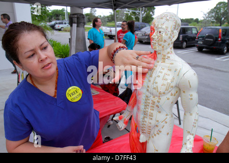 Miami Florida,Homestead,Harvest Farmers Market at Verde Gardens,femme hispanique femmes,acupuncture,acupuncteur,exposant,affiche,modèle d'échelle,hum Banque D'Images