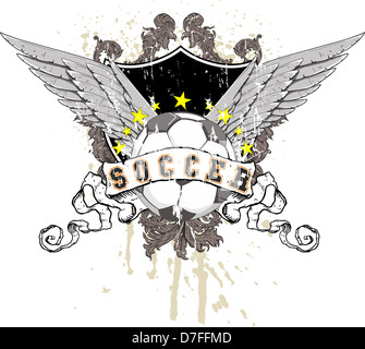 Ballon de soccer avec des ailes, un bouclier à l'arrière-plan avec des décorations et des éclaboussures de peinture. Au-dessus de la bille une rangée d'étoiles Banque D'Images