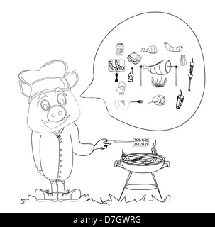 Cartoon pig ayant un barbecue. Banque D'Images