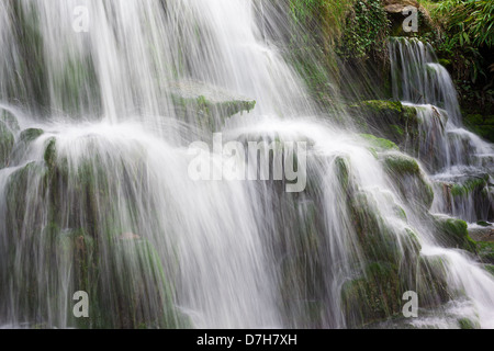 En cascade de l'eau sur les roches moussues avec une longue exposition blur Banque D'Images