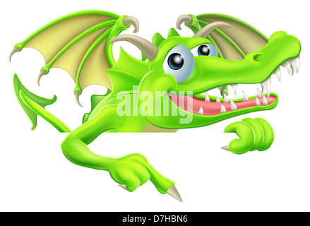 Illustration d'une bonne caricature dragon dirigé vers le bas à un signe Banque D'Images