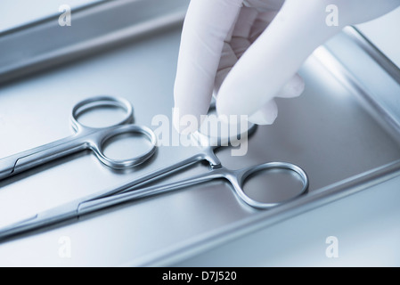 Close up of main dans les gants chirurgicaux dentaires choisir forceps, studio shot Banque D'Images