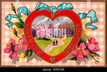 Valentine Bonjour - Vintage Valentine Day carte avec coeur et fleurs Banque D'Images