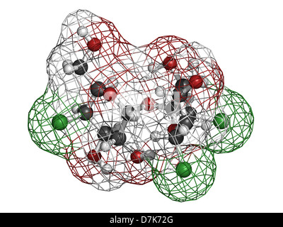 Le sucralose édulcorant artificiel, le modèle moléculaire. Les atomes sont représentés comme des sphères avec codage couleur classiques Banque D'Images