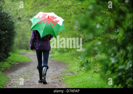 Cardiff, Wales, UK. Le 9 mai 2013. Une fille utilise un parapluie pour l'abri de la pluie en Rhiwbina, Cardiff. Plus le temps humide a été prévu pour la fin de semaine. Crédit : Matthieu Horwood /Alamy Live News Banque D'Images