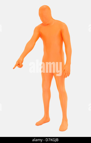 Homme mûr en orange sur fond blanc zentai Banque D'Images