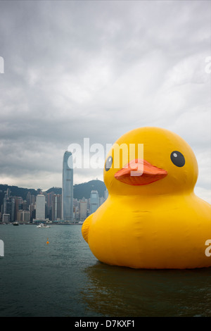 Canard en caoutchouc gonflables exposition d'art dans le port de Hong Kong Mai 2013 Banque D'Images