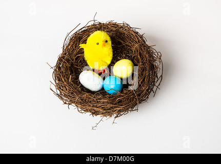 Poussin de Pâques avec un certain nombre de bonbons au chocolat oeufs dans un nid d'oiseau. Isolé sur un fond blanc. Banque D'Images