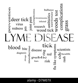 La maladie de Lyme mot Concept Cloud en noir et blanc avec beaucoup de termes comme deer tick, sang, Bullseye, mordent et plus encore. Banque D'Images