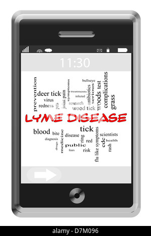 La maladie de Lyme Word Cloud Concept de téléphone à écran tactile avec beaucoup de termes tels que le cerf, tick, morsure, sang et plus encore. Banque D'Images