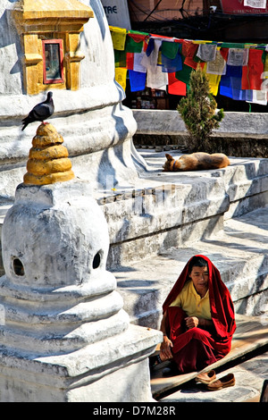 Moine bouddhiste au Stupa Boudhanath Banque D'Images