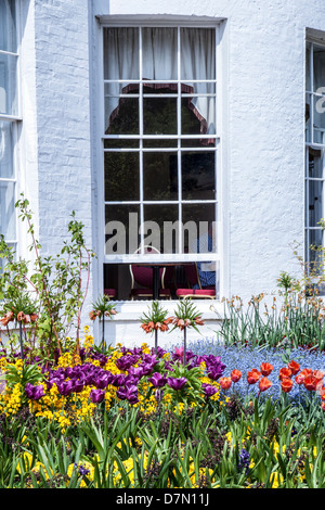 Jardin de fleurs du printemps à l'extérieur une fenêtre de Pembroke House, un manoir géorgien à Richmond Park Banque D'Images