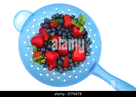 Un tamis plein de fraises biologiques fraîchement lavés et bleuets isolé sur un fond blanc. Banque D'Images