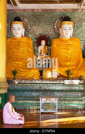 Nun prière avant de Bouddhas dans la pagode Shwedagon à Yangon, Myanmar Banque D'Images