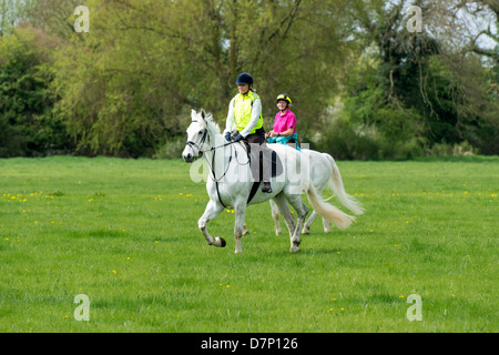 Deux chevaux et cavaliers au galop parkland à Burghley Horse Trails près de Stamford dans le Lincolnshire Banque D'Images