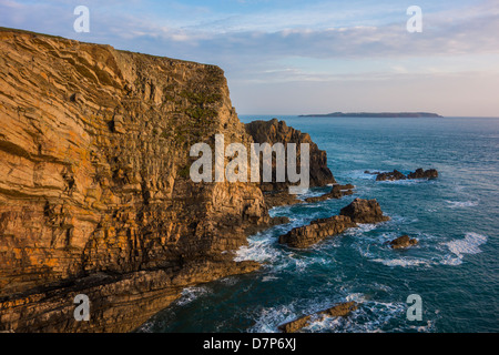 Falaises spectaculaires avec Skokholm Island dans l'arrière-plan, Pembrokeshire Coast National Park. Banque D'Images