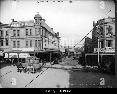 Cette photographie historique de 1899 capture la vue de Liverpool Street depuis George Street à Sydney, avec une charrette tirée par des chevaux et le Casey's Hotel. Il donne un aperçu du paysage urbain de Sydney de la fin du XIXe siècle. Banque D'Images
