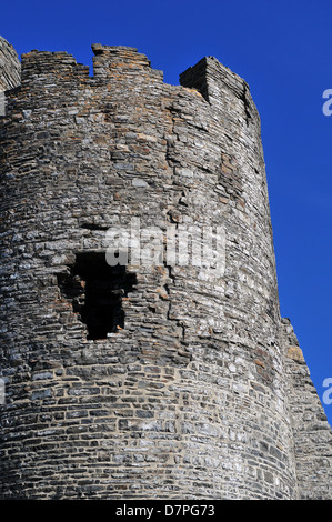 Une tour de château d'Aberystwyth, Ceredigion, pays de Galles, Royaume-Uni, par un beau jour de printemps avec ciel bleu. Banque D'Images