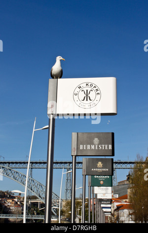 PORTO, PORTUGAL - 15 avril : une rangée de panneaux publicitaires des producteurs de vin de porto sur la rivière Douro, le 15 avril 2013. Vin de Porto est produit Banque D'Images