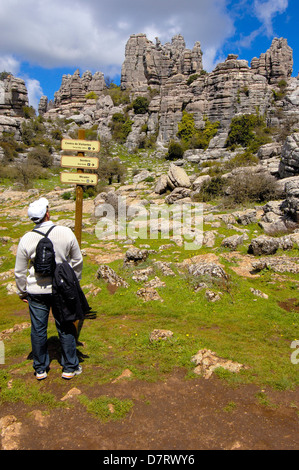 Groupe de travail sur l'érosion des calcaires du Jurassique, Torcal de Antequera. La province de Malaga, Andalousie, Espagne Banque D'Images