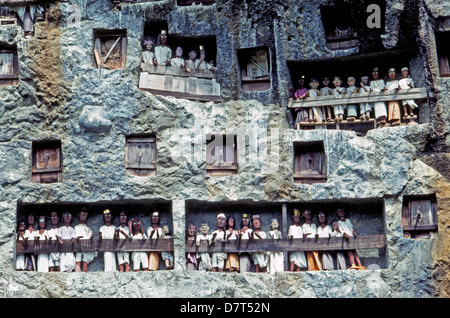 Des effigies en bois des morts, appelée tau-tau, protéger les lieux de sépulture des murs sculptés dans la roche de Torajaland sur l'île de Sulawesi en Indonésie. Banque D'Images