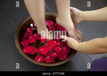 Pieds de femme le trempage dans l'eau de pétales de rose Banque D'Images