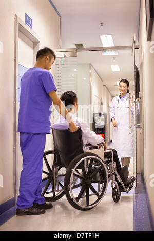 Le personnel de l'hôpital Pushing Patient In Wheelchair Banque D'Images