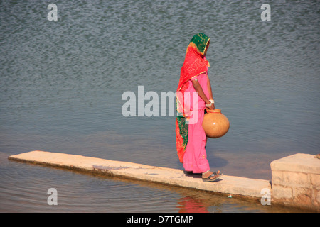 Femme indienne en sari coloré avec de l'eau, transportant jar Kitchan, Rajasthan, Inde Banque D'Images