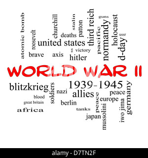 La Seconde Guerre mondiale mot Concept Cloud dans red caps avec beaucoup de termes comme des fusils, axe, alliés, victoire et plus encore. Banque D'Images