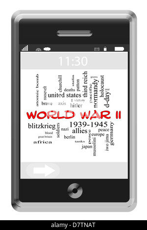 La Seconde Guerre mondiale mot Concept Cloud de téléphone à écran tactile avec beaucoup de termes comme alliés, les soldats de l'axe, et plus encore. Banque D'Images