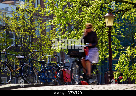 Cycliste sur Pont sur canal, Amsterdam, Pays-Bas Banque D'Images