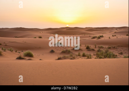 Erg Chebbi dunes au lever du soleil, désert du Sahara, près de Merzouga, Maroc, Afrique du Nord Banque D'Images