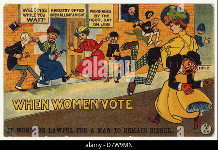 Carte postale de propagande satirique britannique alarmiste contre la suffragette en date du 1910 février s'opposant au suffrage des femmes « lorsque les femmes votent, il ne sera pas légitime qu'un homme reste célibataire », droit de voter contre le féminisme , Royaume-Uni en date du 1910 février Banque D'Images