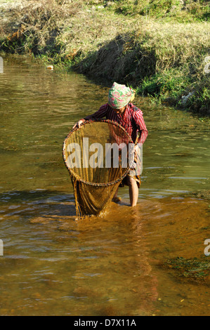 Les népalaises avec filets de pêche traditionnels près de Phokara, Népal Banque D'Images